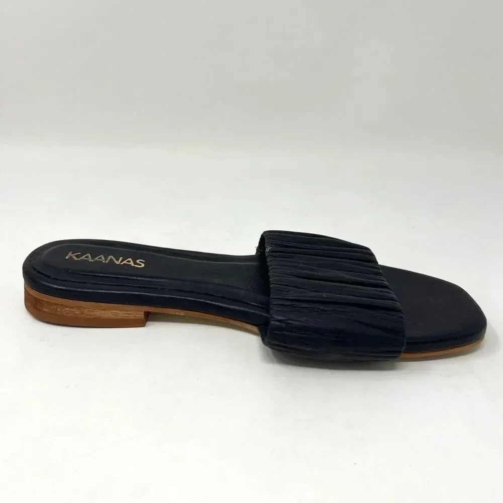 Kaanas Pekan Ruched Black Leather Slides Slip‎ On Sandals Shoes Women’s Size 6